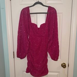 Altard State Fuchsia Sequin Puff-Sleeve Mini Dress